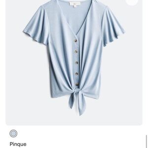 Pinque Light Blue Tie-Front Button V-Neck Blouse